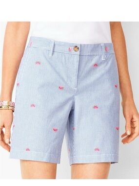 Talbots Girlfriend Chino Shorts Watermelon Embroidered Blue White Pinstripe